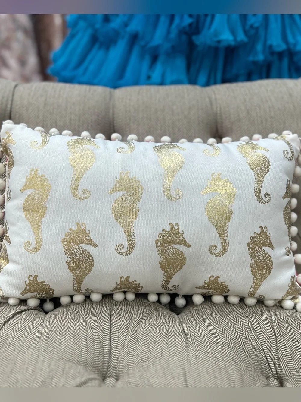 Lilly Pulitzer Hot Pink Pillow with Blue Seahorse Print and White Pom Trim